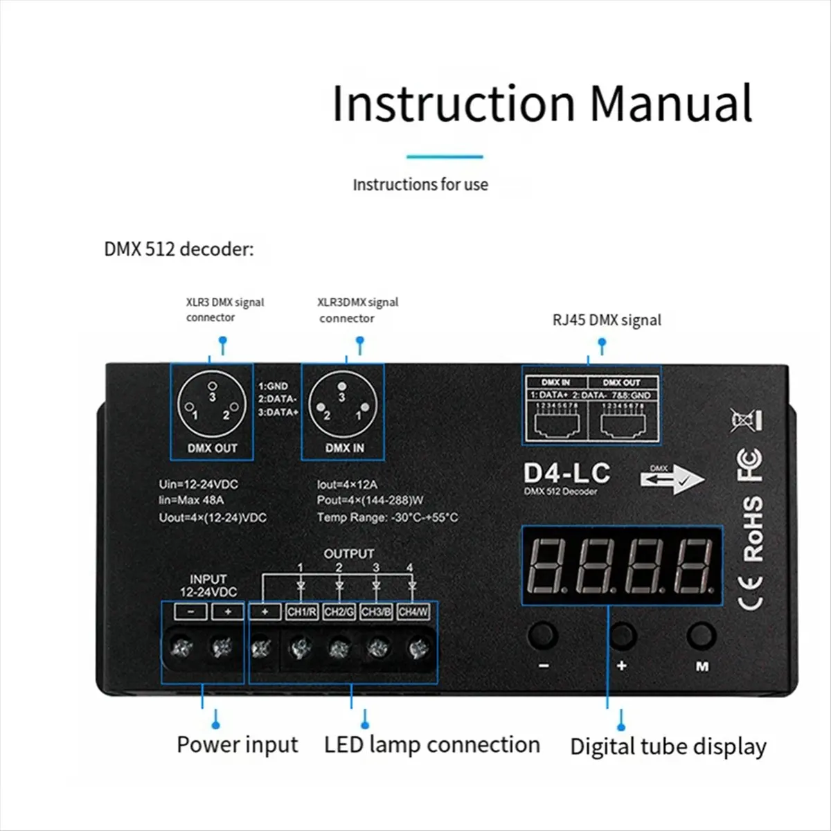 

High Power Dmx512 Led Controller 4CH 12A/CH DMX512 Decoder Dimmer Driver DC12V-24V MAX 1152W for Led Rgbw Strip or Light