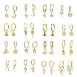 Wholesale copper Cubic Zircon Moon Star Evil Eye Animal Series Pendant Hoop Earring for Women Huggie Earring Jewelry Pendientes