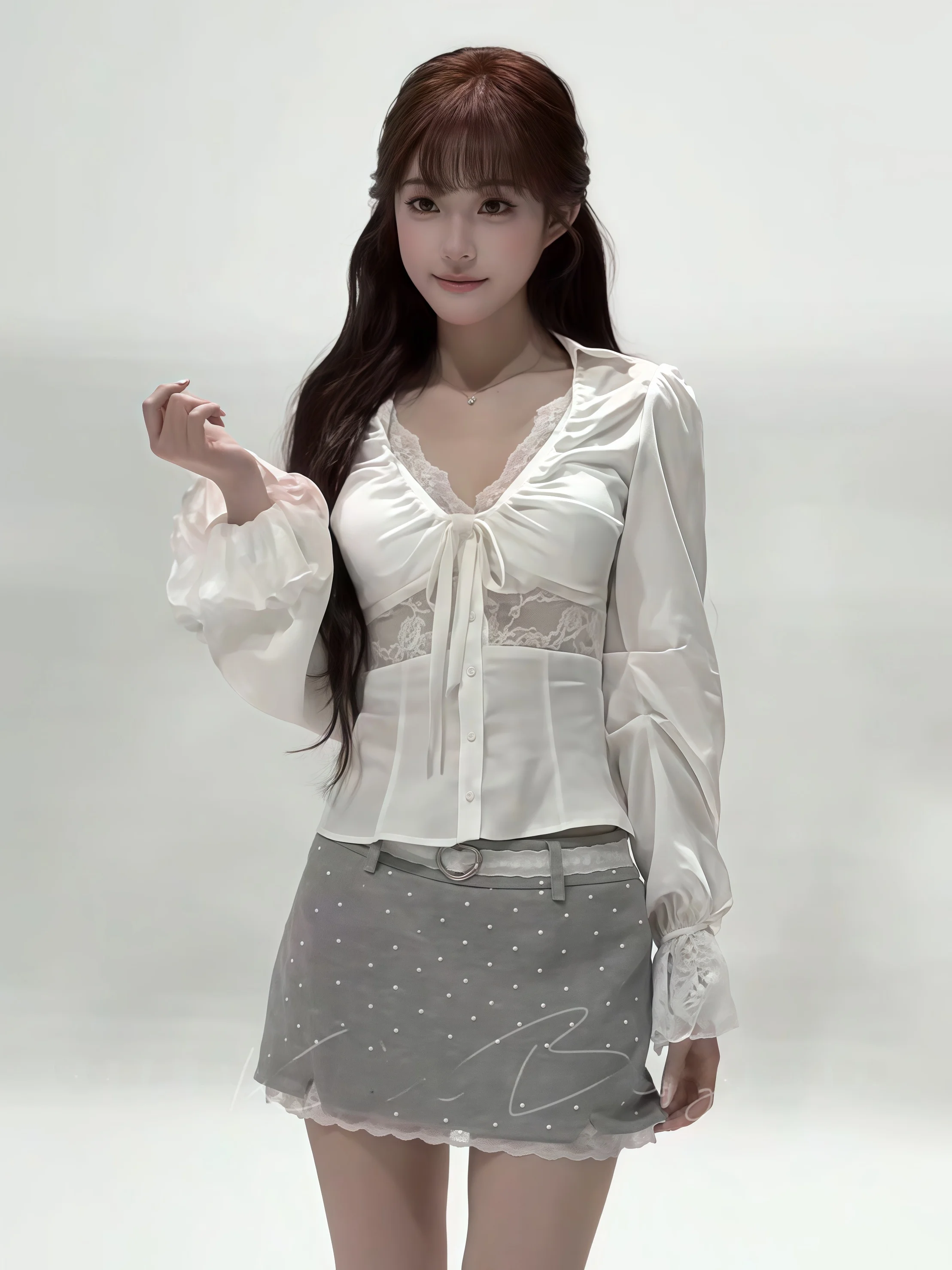 

Женский весенний комплект из двух предметов: дышащая рубашка с длинным рукавом и юбка-полусолнце с низкой талией, в горошек, с кружевными вставками и V-образным вырезом.