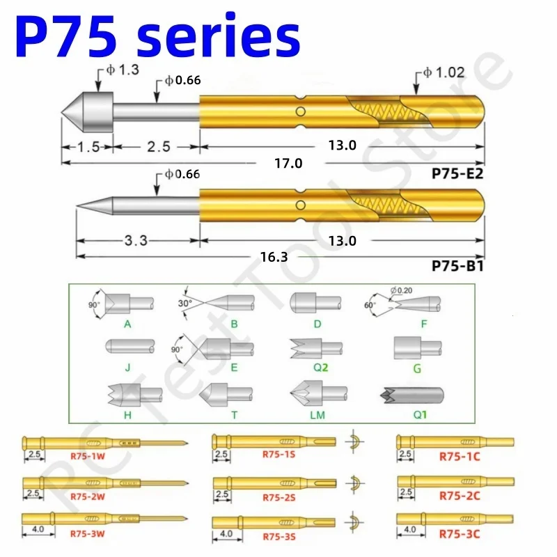 Spring Test Probe P75 R75 Series Pogo Pin 1.02mm Nickel Plated Needle Head 1.3/1.5mm Socket Receptacle Brass Tube P75-B P75-B1