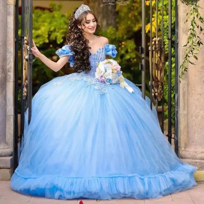 

Sky Blue Ball Gown Princess Quinceanera Dresses 2025 Lace Appliques XV Cinderella Sweet 16 Dress Vestido De 15 Quinceañeras