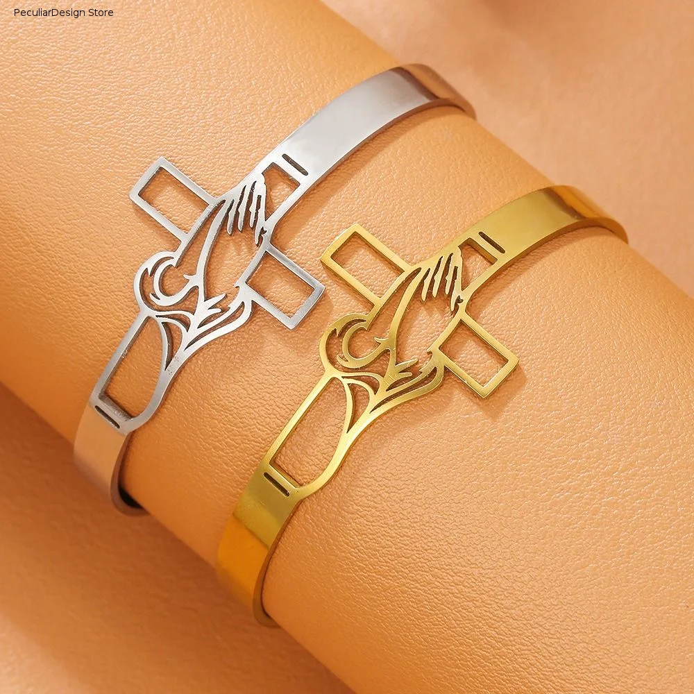 Polished Stainless Steel Cross Bangle Tarnish-Resistant Skin-Friendly Cuff Bracelet Timeless Appearance Open-Ended Design