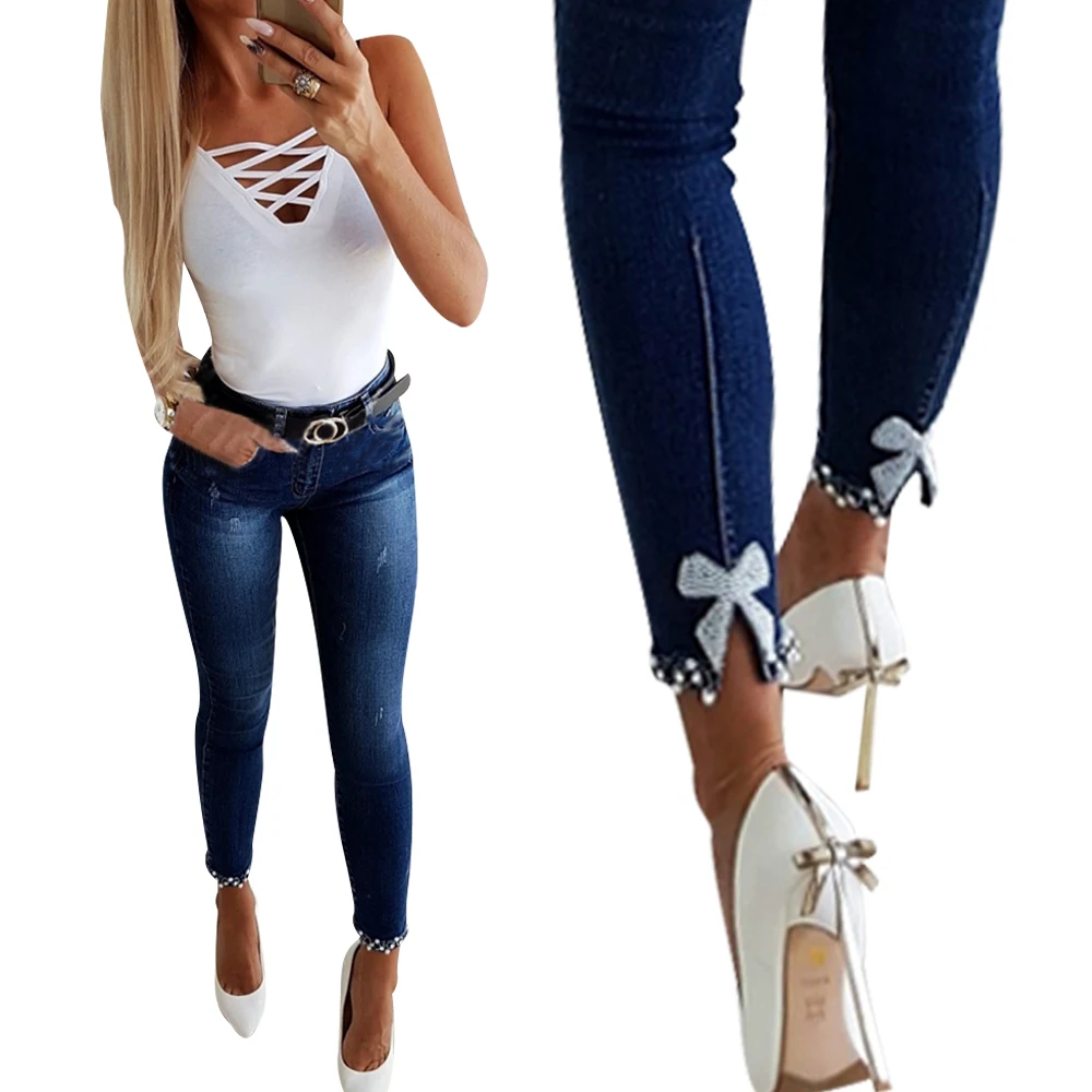 New Blue Woman Jeans Casual High Waist Lace Pearl Split Skinny Jeans Ladies Stretch Denim Pants All Match Trouser Streetwear 2XL