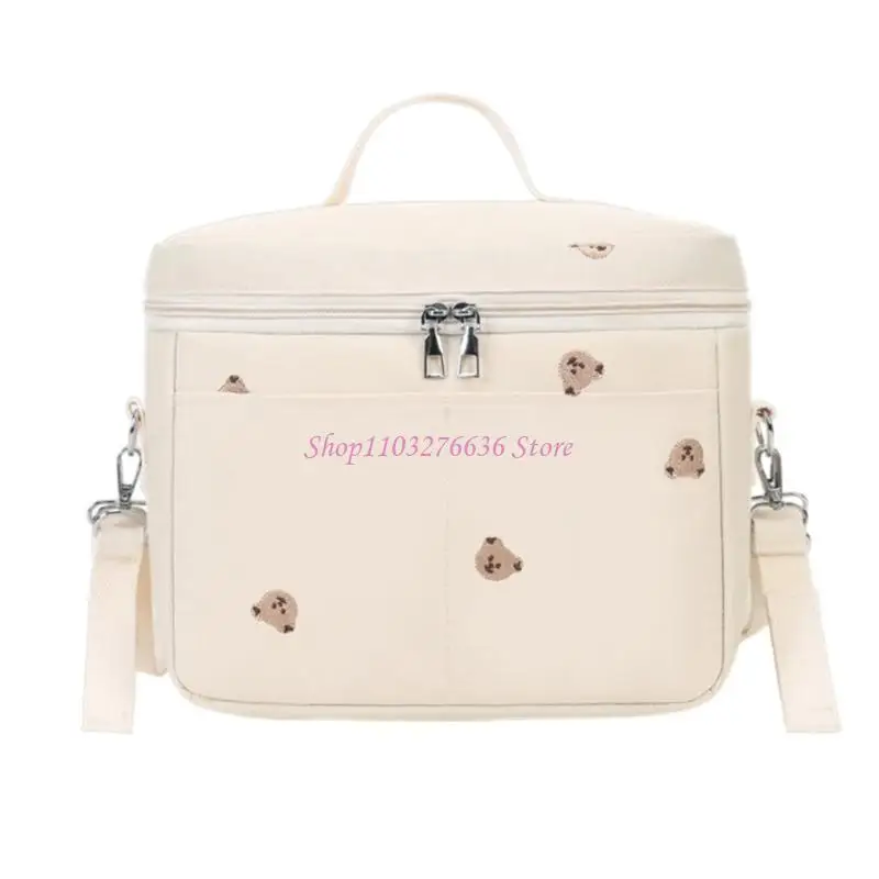 

R6FD Travel Thermal Storage Bags Large Capacity Crossbody Shoulder Bag Embroidery Bear Insulated Lunch Bag Mom Bag
