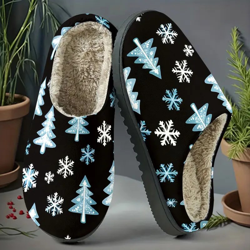 Christmas Tree Snow Print Women's Winter Warm Plush Slippers Fuzzy Fleece House Slippers Indoor Shoes view 5