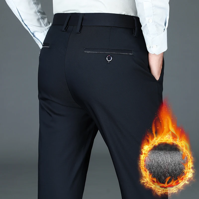 

Зимние теплые мужские флисовые костюмные брюки, деловые офисные прямые формальные утепленные повседневные брюки, эластичные классические бархатные термобрюки
