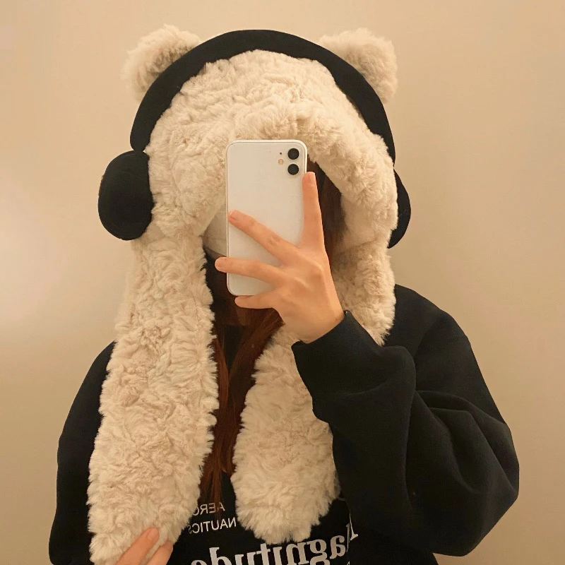 New Winter Ear Protectors Bomber Hats One Piece Cute Bear Earphones Scarf Pullover Cap Thickened Warm LeiFeng Hats Set