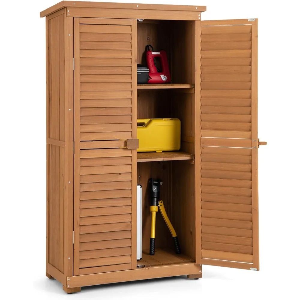 Outdoor Locker, 63 Inch Wooden Gardening Tools Shed with Double Lock Door, 3 Shelves & Asphalt Roof, Storage Shed for Garden