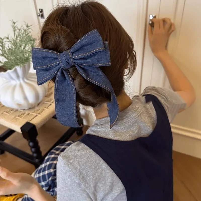 Korean fashionable denim bow grab clip, new high-end hairpin, large shark clip headdress on the back of the head