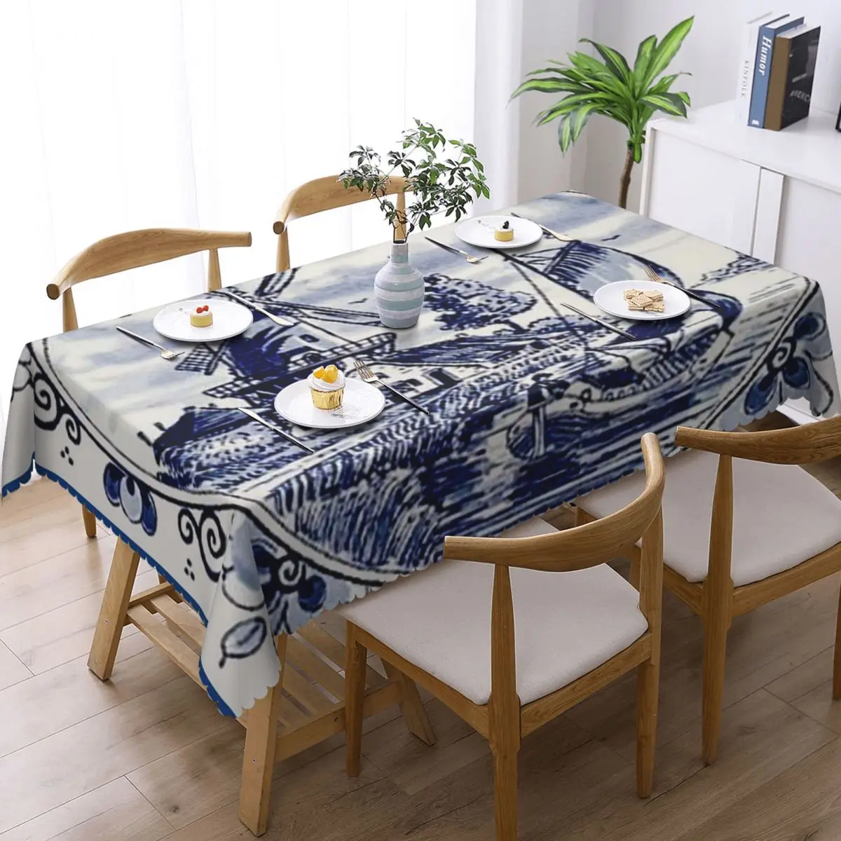 DUTCH BLUE DELFT Vintage Windmill Customized Rectangular Tablecloth Waterproof Table Cover for Dining Events Table Cloth