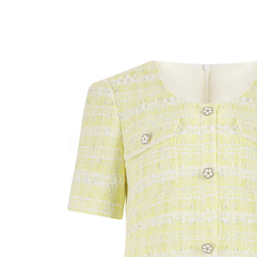 Lemon yellow woven small fragrance dress Spring/autumn short sleeve tweed dress