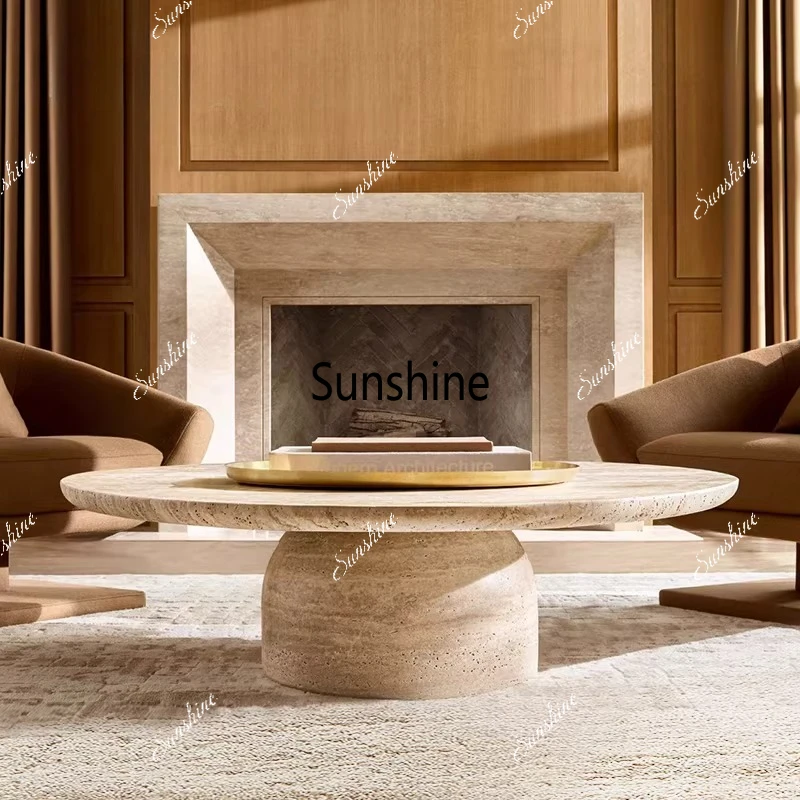 

Wabi-sabi style natural travertinestone coffee table modern minimalist round villa