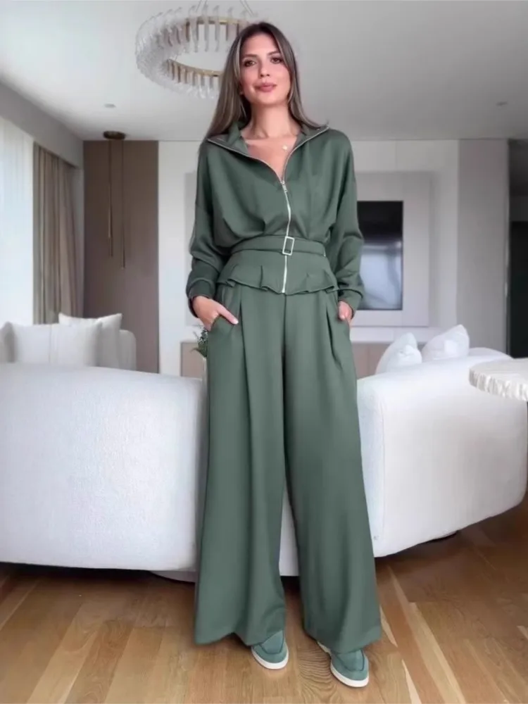 

New Spring Autumn Fashion Zippered Sashes Two Piece Sets Women's Casual Lapel Long Sleeve Top + Pocket Wide Leg Pant 2 Piece Set