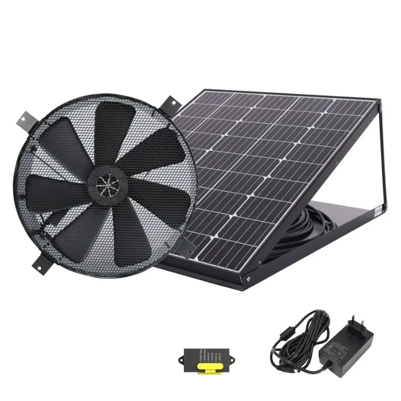 Sunny Vent Tool Wall Mount Industrial Hot Air Exhaust Fan 14'' 50W Solar Panel Adapter Dual Powered DC Motor Air Circulation Fan
