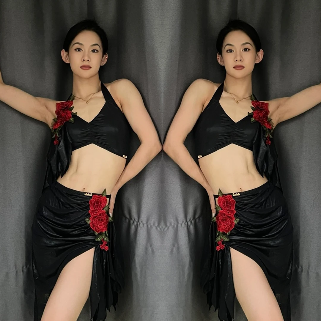 Nouveau Costume de danse latine femmes Rose hauts jupe fendue Rumba Cha Cha Tango danse Performance pratique vêtements pratique Costume BL16846