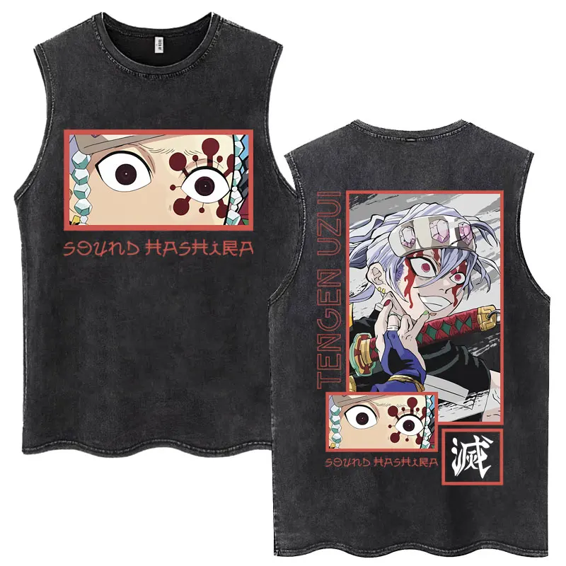 

Anime Demon Slayer Washed Tank Tops Uzui Tengen Eyes Harajuku Trend T Shirt Men Women Casual Loose Cotton Sleeveless T-Shirts