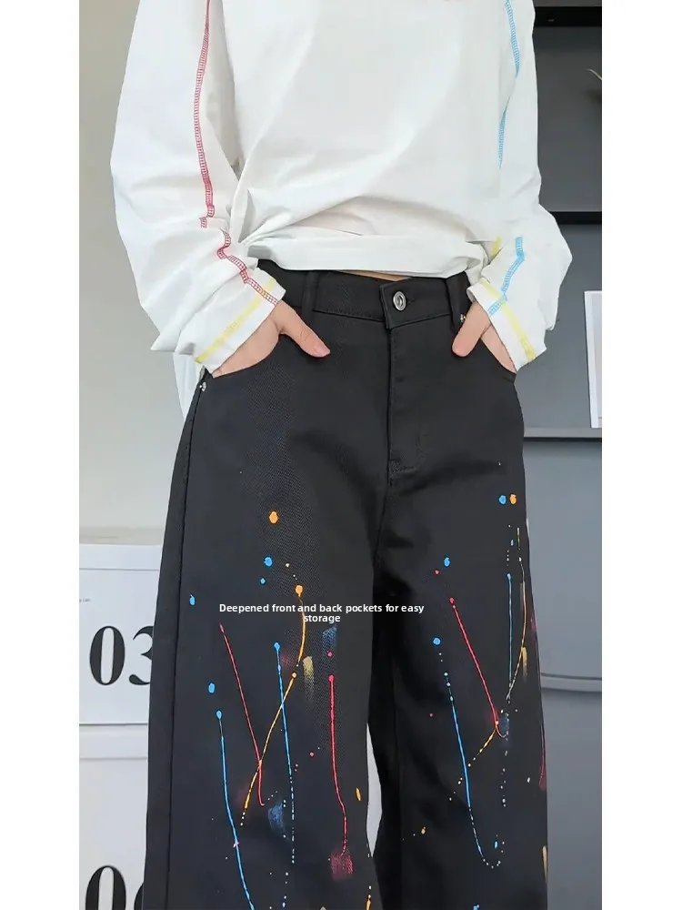 

Мужские джинсы черного цвета с дизайном American High Street fiti, широкие прямые повседневные брюки свободного покроя с широкими штанинами