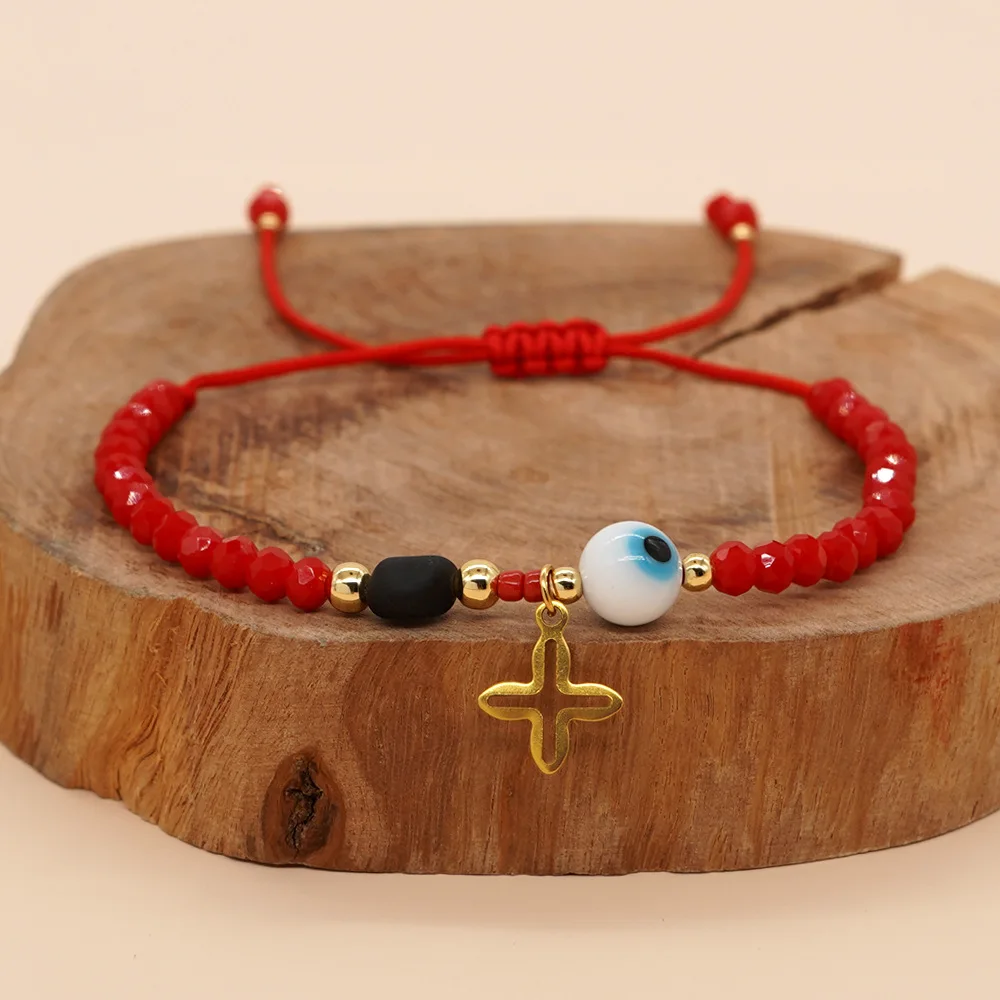 Turkish Eye Charm Cross Pendant Women Fashion Jewelry Bohemian Summer Lucky Handmade Friendship Rope Red Crystal Bead Bracelet