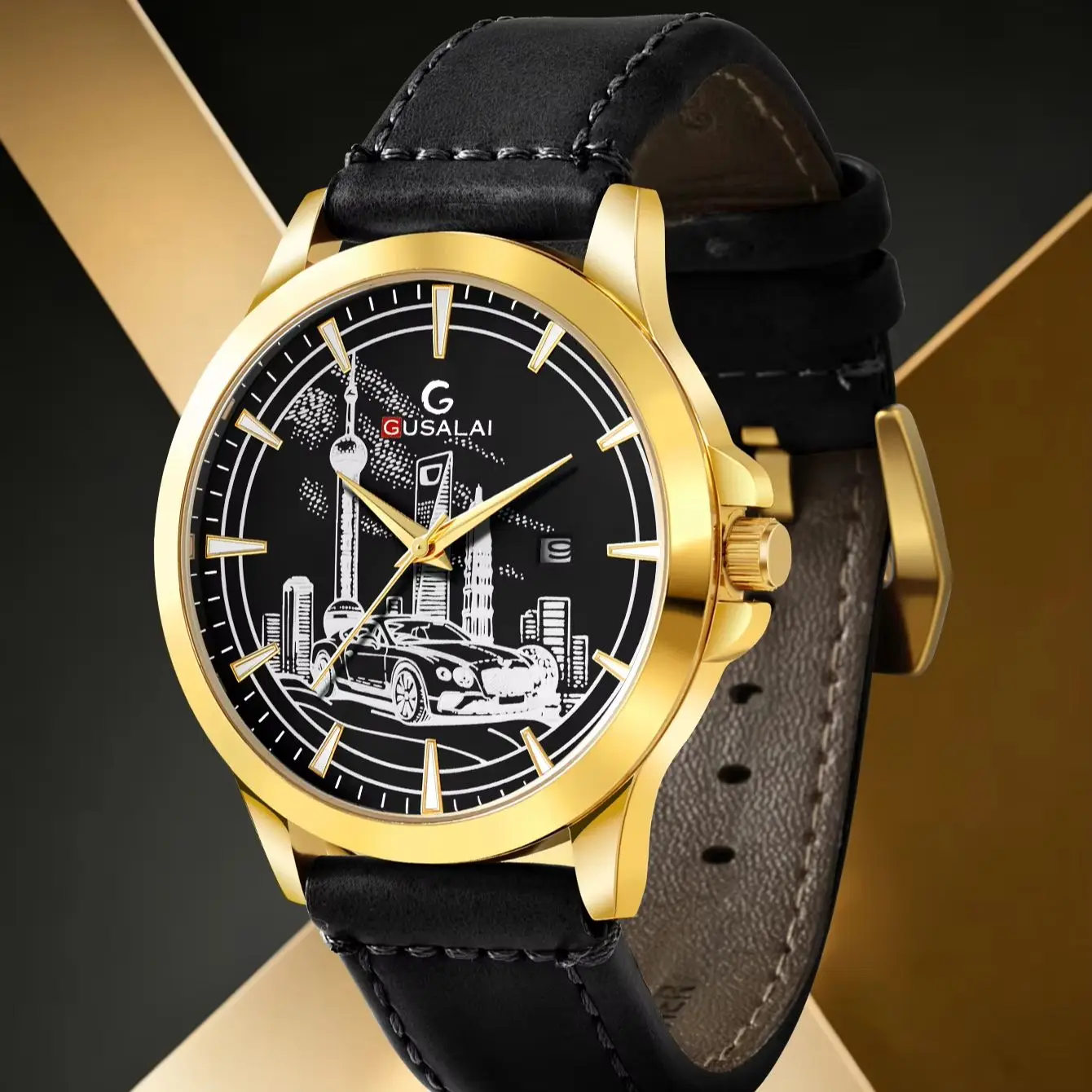 GUSALAI Men's Quartz Watch Trendy Design Dial Vintage Car Pattern Genuine Leather Strap Fashionable Holiday Gift for Husband