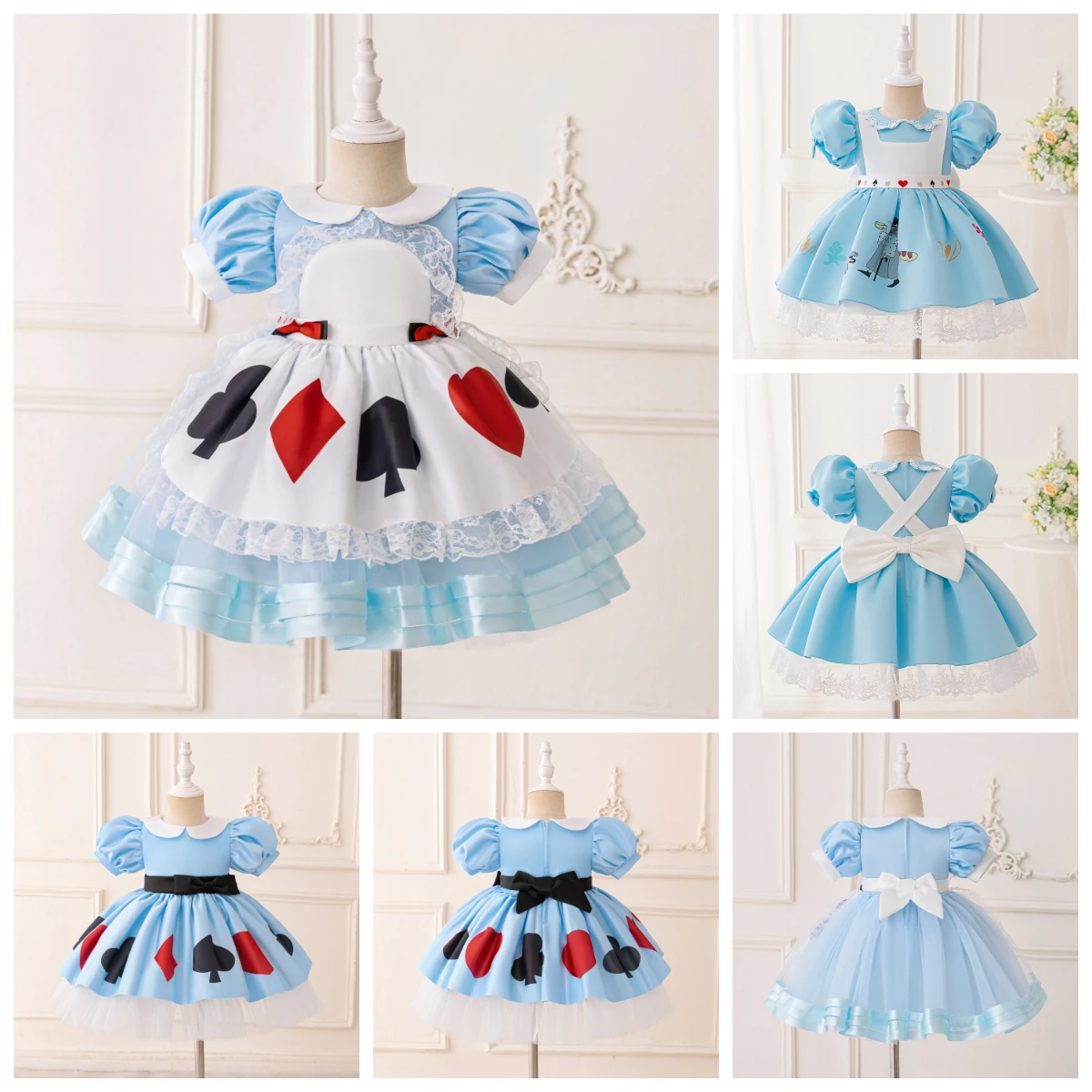 Girls Alice Dress Up Costume Puff Short Sleeve Apron Cartoon Print Lace Hem Playing Card Kids Halloween Carnival Birthday ASQ03