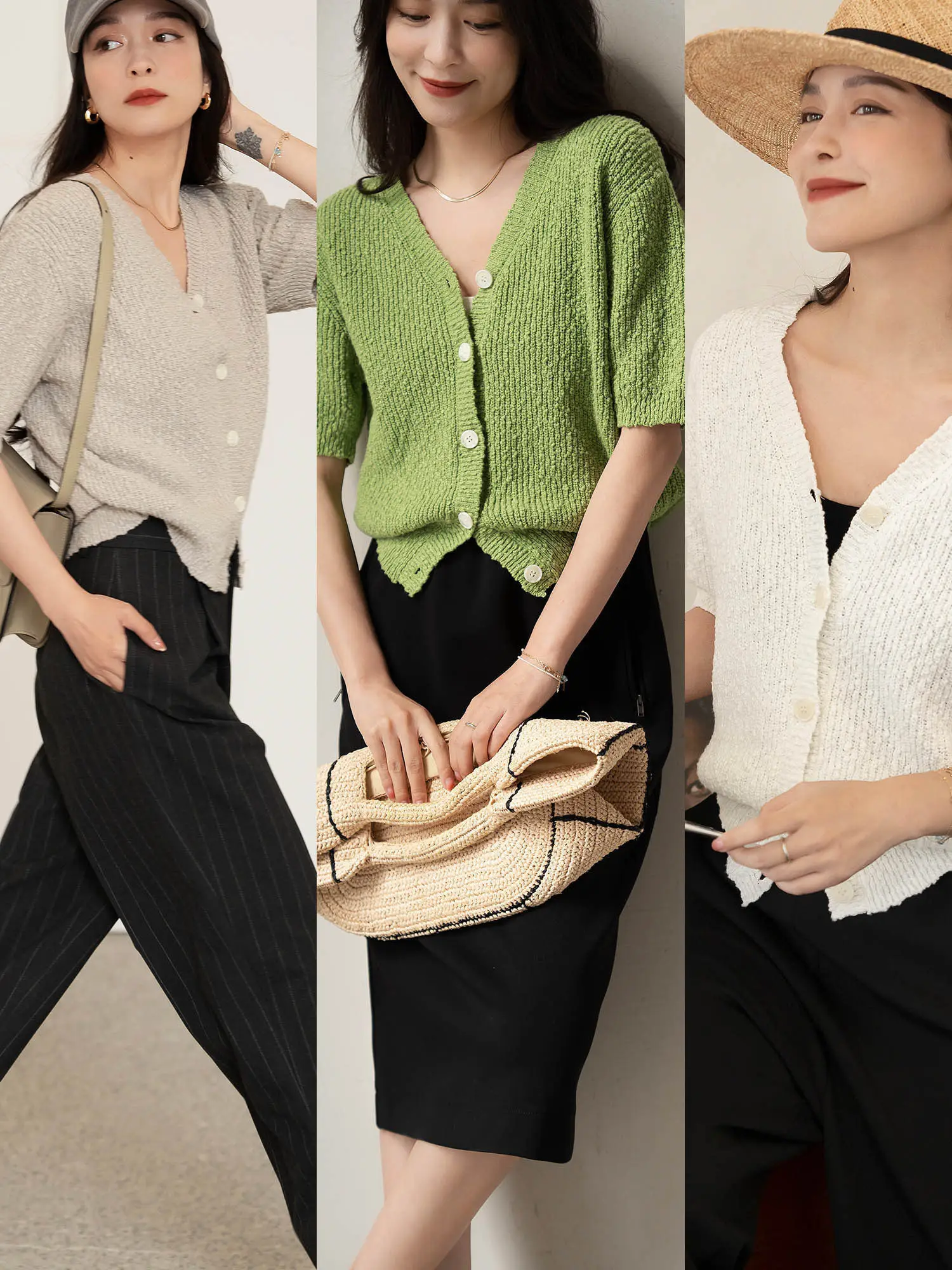 

Ele V-Ne Cotton Bubble Knitwear ort Sve Loose Fit Fem Commuter Sle Button Detail Regular Thin Pure Color