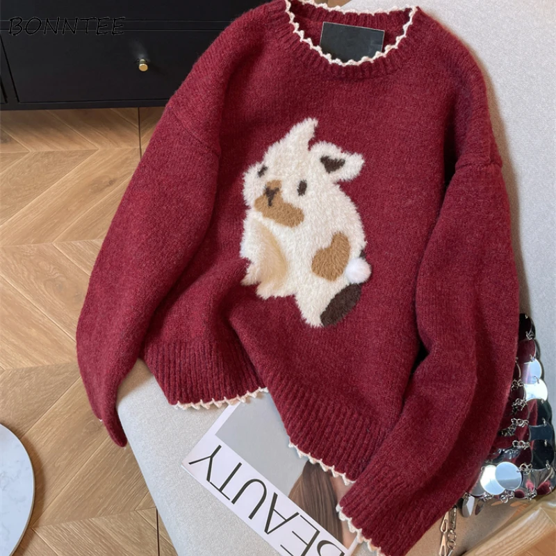 

Knitted Pullovers Women Cartoon Chic O-neck Thickened Autumn Winter Sweet Lovely Girls All-match Korean Fashion Loose Fit Mujer