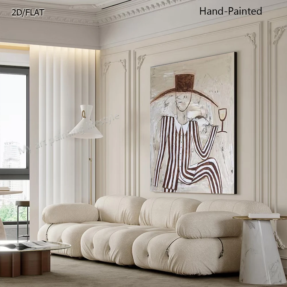 

Large Hand Drawn Oil Painting Western Tribal Striped Figures Abstract Expressionist Artwork for Wall Decor