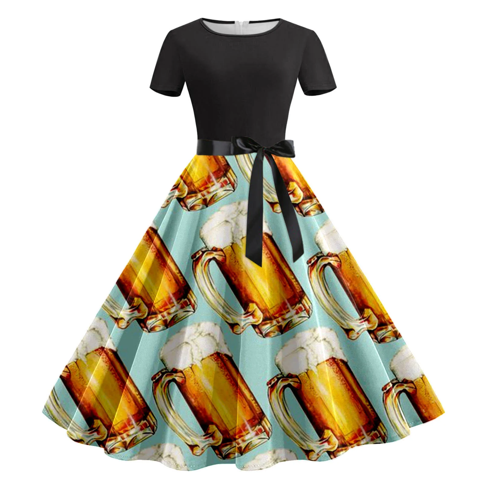 

Summer Women Casual Dress Bavarian Beer Festival Short Sleeve O-Neck A-Line Pleated Dresses With Belt Beer Print Party Vestidos