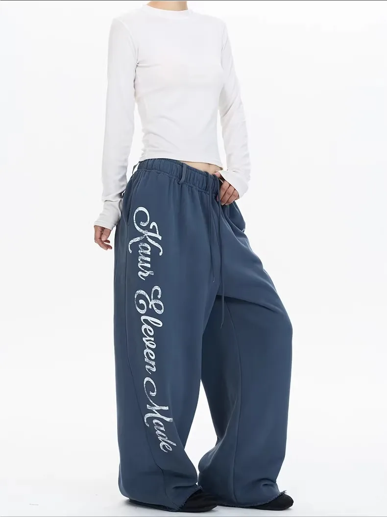 American Retro Letter Print Design Sport Drawstring Casual Pants Unisex Loose Lazy Match All over Floor-Length Pants