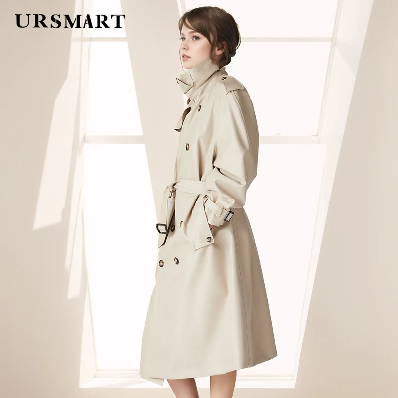 British Fashion Double-Breasted Long Beige Women\'s Trench Coat – Waist-Cinching Tailored Cotton-Polyester Windbreaker