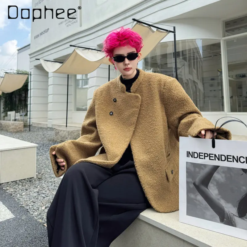 

2025 Autumn Winter Commuting Style Stand Collar Thickened Warm Khaki Cardigan Men's Loose Casual Wool Black Blazer