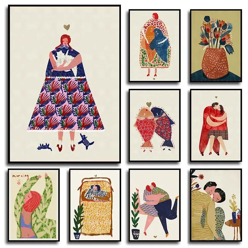 

Абстрактные картины с изображением женщин, птиц, кошек, цветов, рыб, пар, настенные постеры и принты в скандинавском стиле, алмазная живопись, настенные изображения для гостиной.