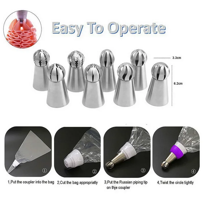 7/8Pcs Set Cupcake Stainless Steel Sphere Ball Shape Icing Piping Nozzles Pastry Cream Tips Flower Torch Pastry Tube Decoration