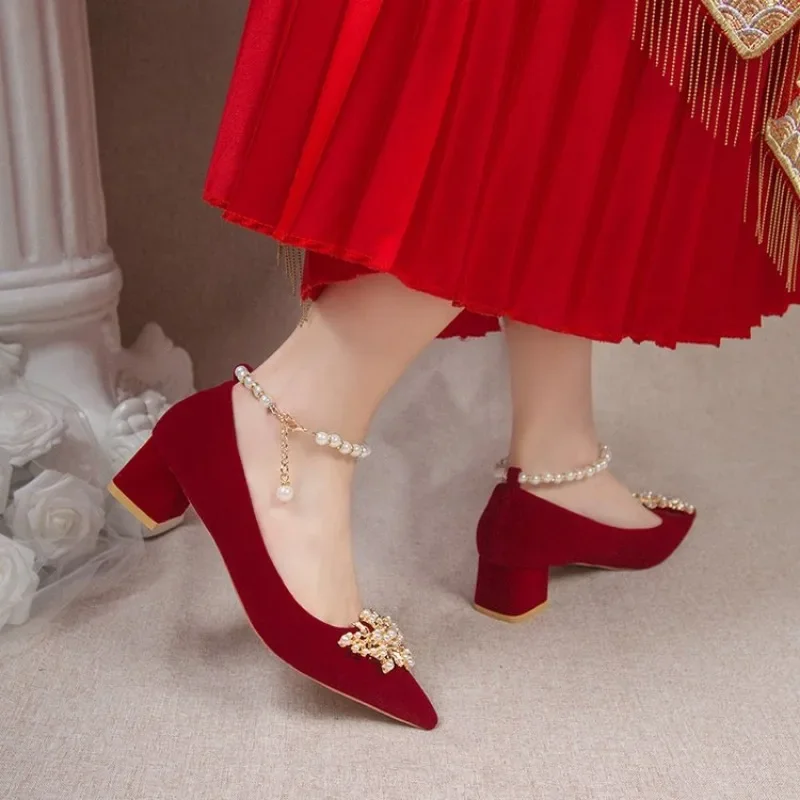 Red High Heel Wedding Shoes for Women 2023 New Lace-up Beaded Bride Toasting Wedding Dress Two-Way Not Tired Feet Women Shoes