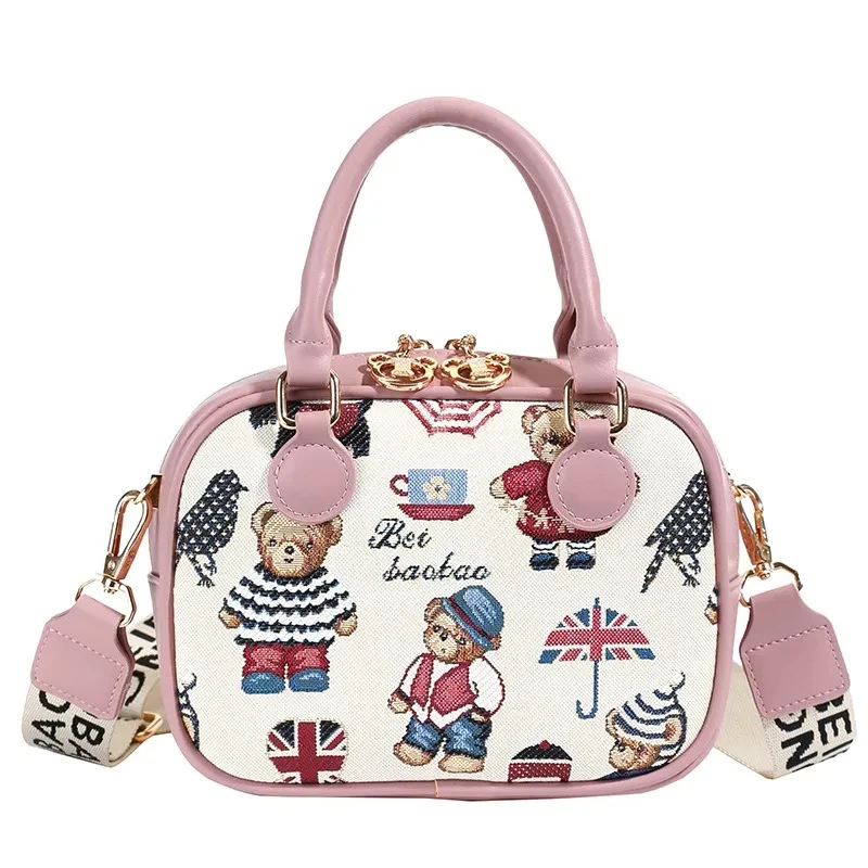 Canvas with Leather Messenger Bag Small Round Bag New Cute Ins Cartoon Bear Niche Design Sense Trendy Shoulder Bag