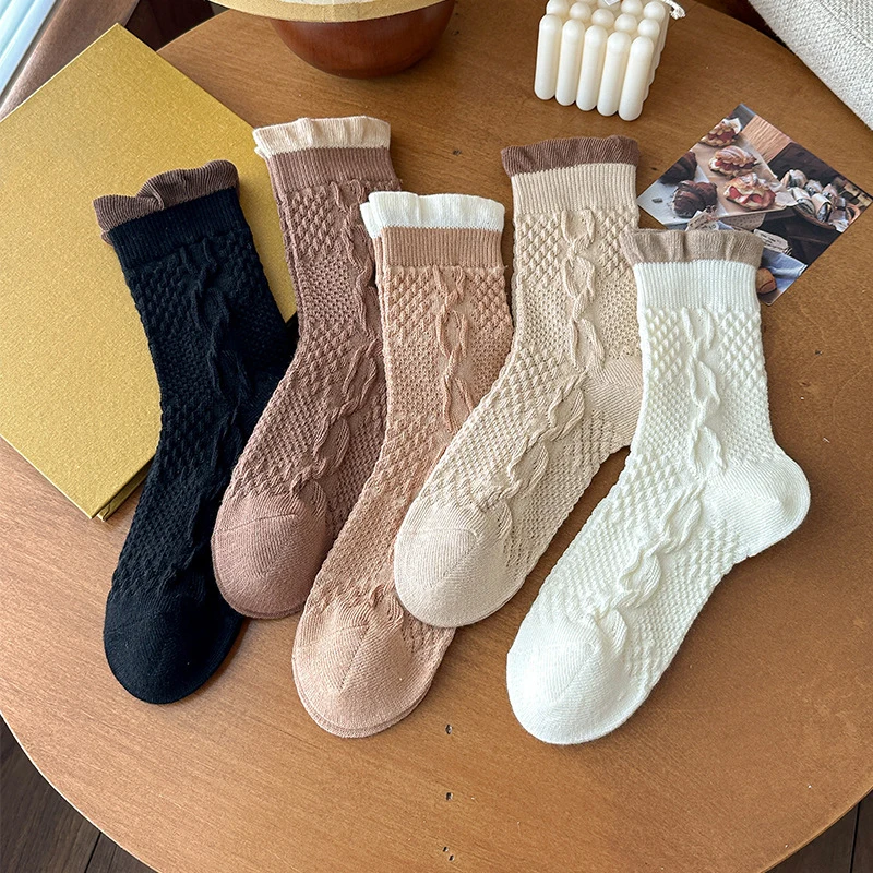 Cute Socks For Women Autumn Winter New Fashion Breathable Japanese Style Sweet Crew Socks Girl Mixed-Color Ruffle Frilly Socks