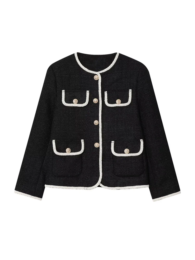 

Женская лоскутная твидовая куртка с длинным рукавом и пуговицами спереди, шикарная верхняя одежда, модное пальто, женские топы