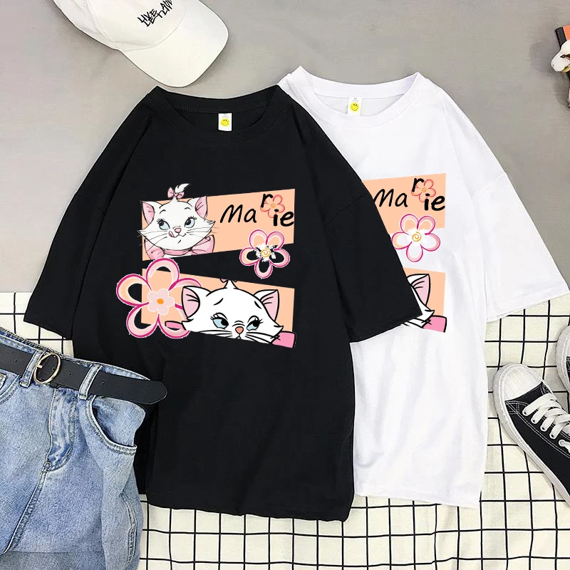 Mickey  Marie Cat T-shirt Women Girl Funny Cute Cartoon T-shirt with Print Casual Short Sleeve Woman T Shirt HarajukuTops