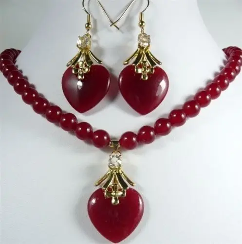 Hot sale new Style noblest red green Purple jade Necklace heart-shaped pendant Earring set A33462