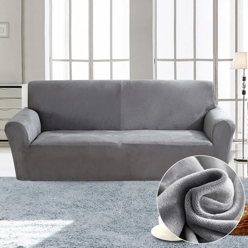 Solid Silver Fox Velvet Stretch Sofa Cover Full Wrap Elastic Slipcover 1‑2-3-4-5 Seater Pet Friendly Washable Couch Cover