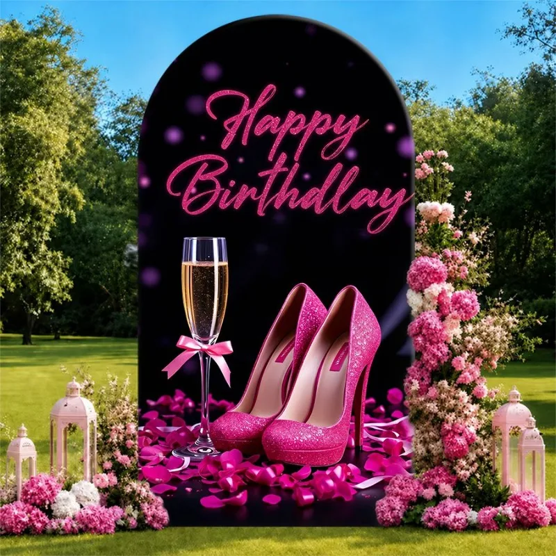 

Single Side Arch Backdrop Cover Elegant Birthday Celebration Background Banner with Pink Glitter Heels Champagne Glass