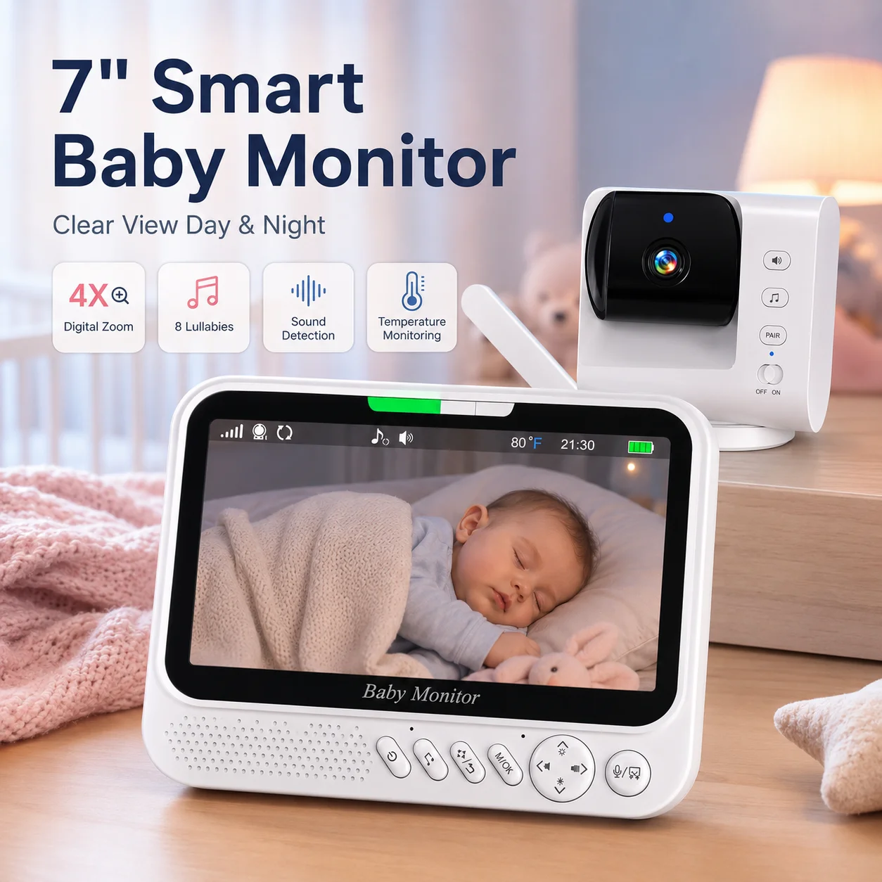 Monitor de Bebé con Video de 7 Pulgadas, Batería Integrada de 5000mAh, Cámara de Vigilancia Inalámbrica, Sin Necesidad de Aplicación, Monitor de Seguridad para el Hogar, para Bebés y Familias