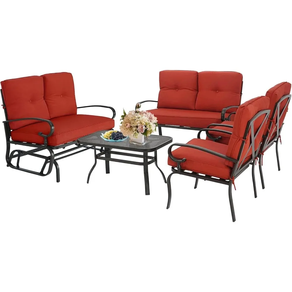 5 Piece Outdoor Metal Furniture Set Patio Conversation Set Wrought Iron Glider, 2 Single Chairs, Double Sofa Coffee Table