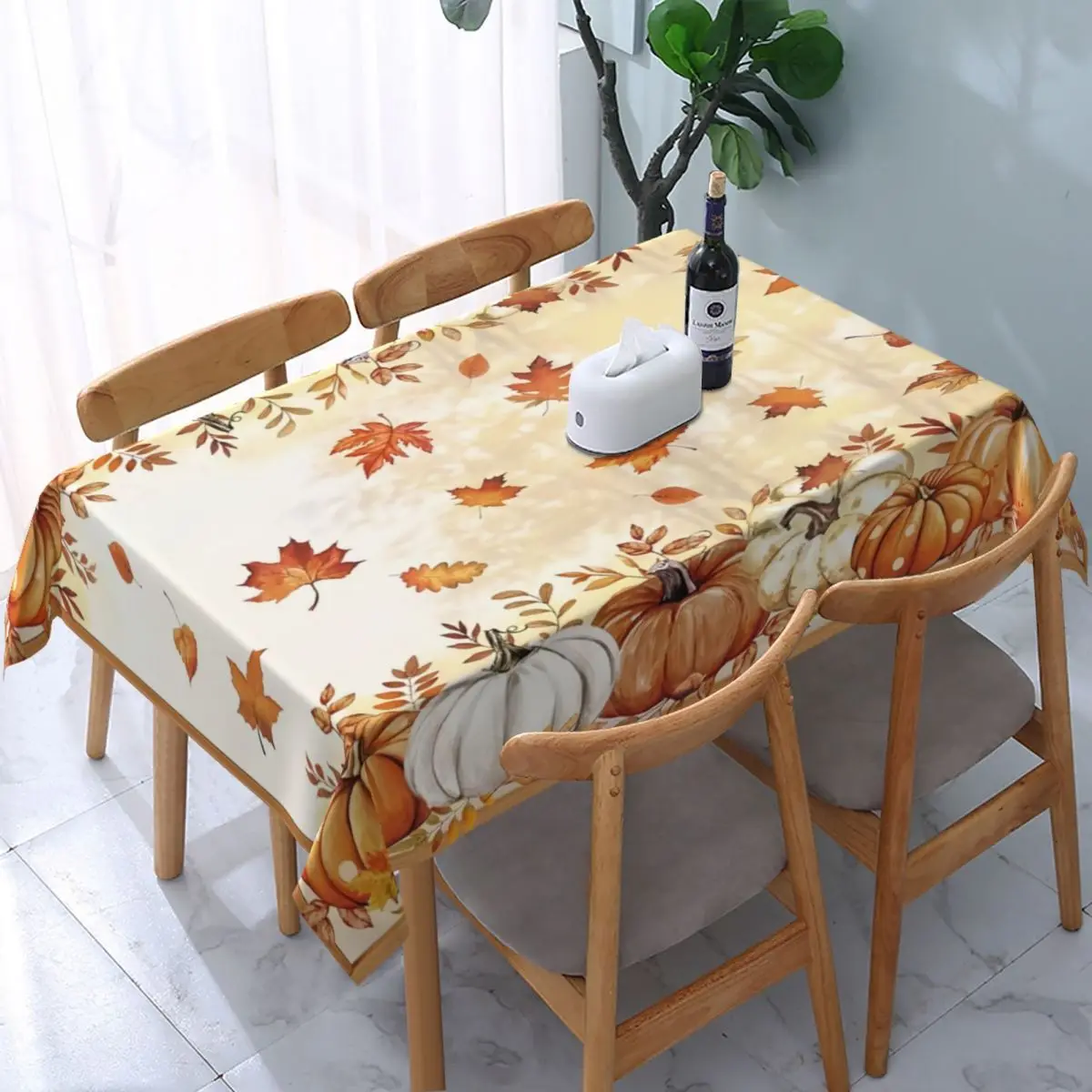 Harvest season pumpkin maple leaf kitchen dining room tablecloth, washable microfiber tablecloth in rectangular shape