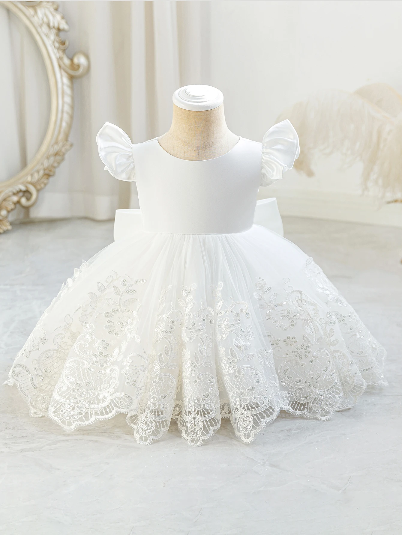 Cute Baby Girl Simple Woven Solid White Round Neck Sleeveless Back Detachable 3D Bow Dress Birthday Party,Performances,Baptisms