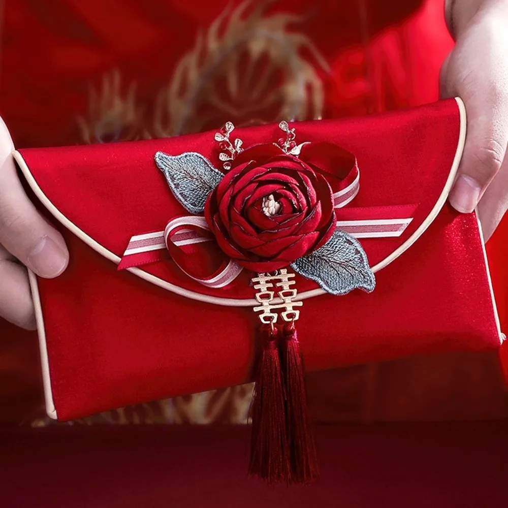 New Year Blessing Words Brocade Red Envelope Spring Festival Brocade Cloth Tassel Brocade Money Pocket Embroidery Flowers