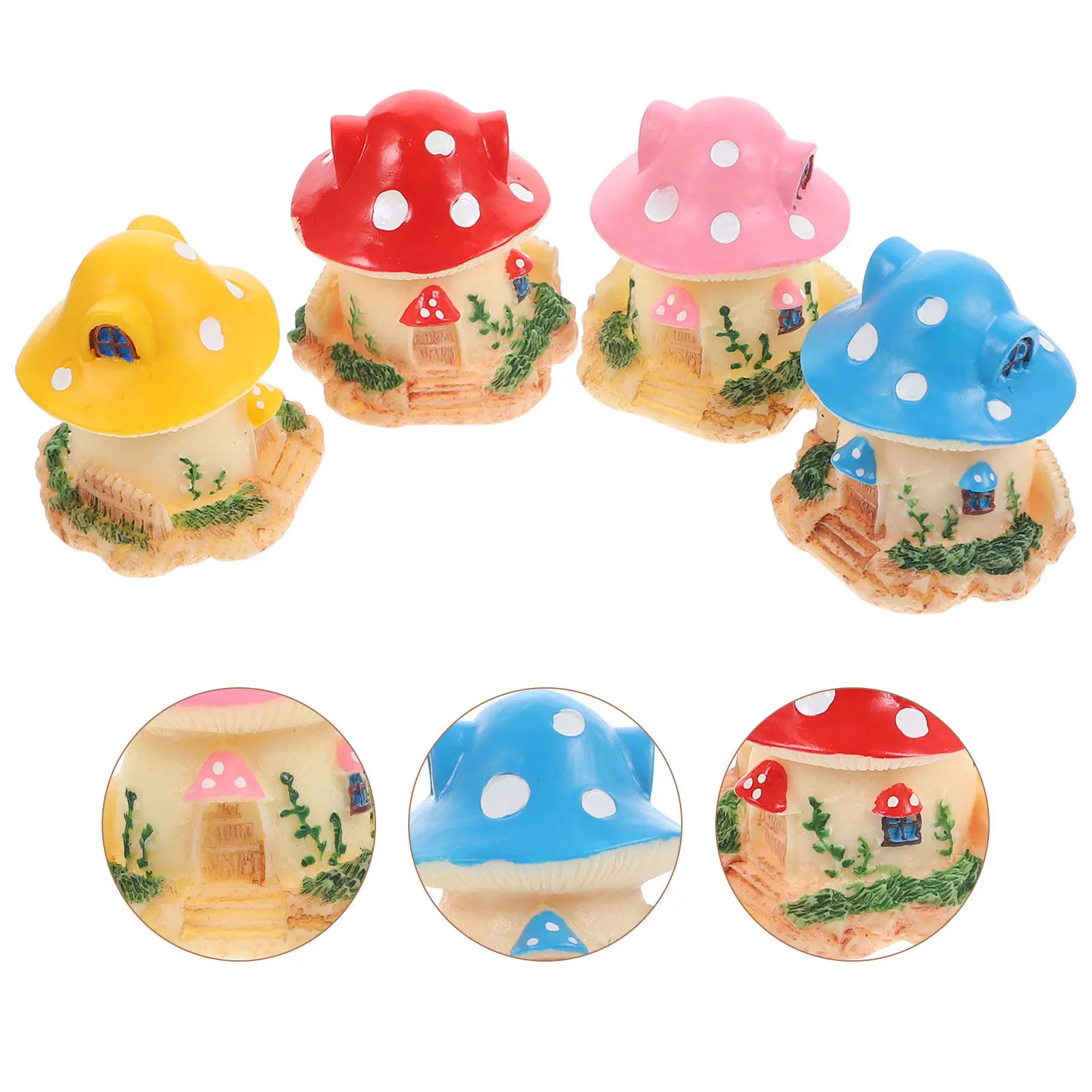 

4Pcs Mushroom House Miniature Cartoon Resin Mushroom Ornament Desktop Garden Landscaping Decoration Micro Landscape Accessories