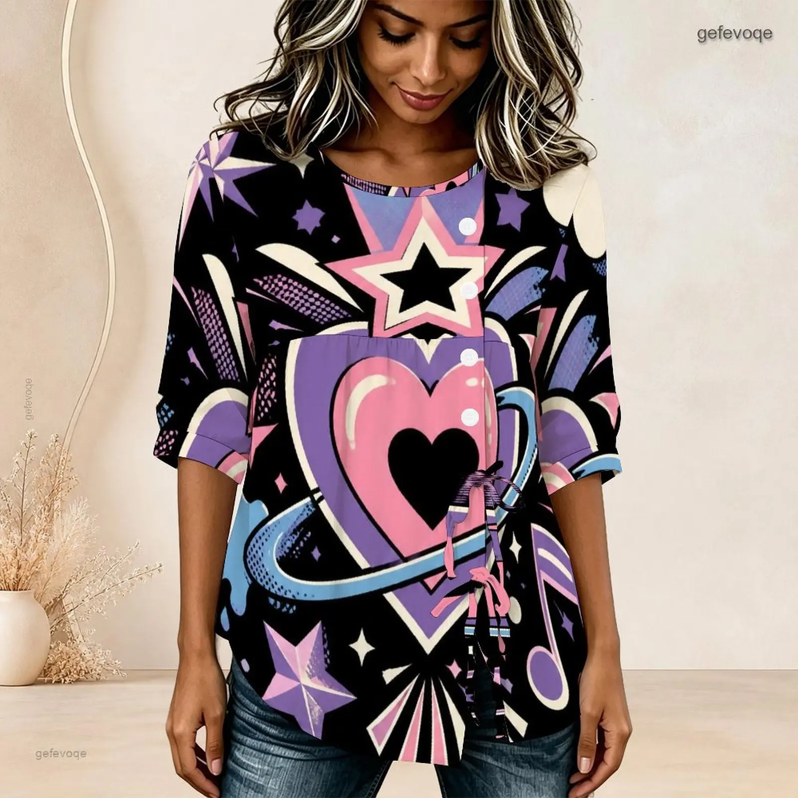 Women Printed Blouse Round Neck Half Sleeve Gathered Front Button Detail Tie Hem