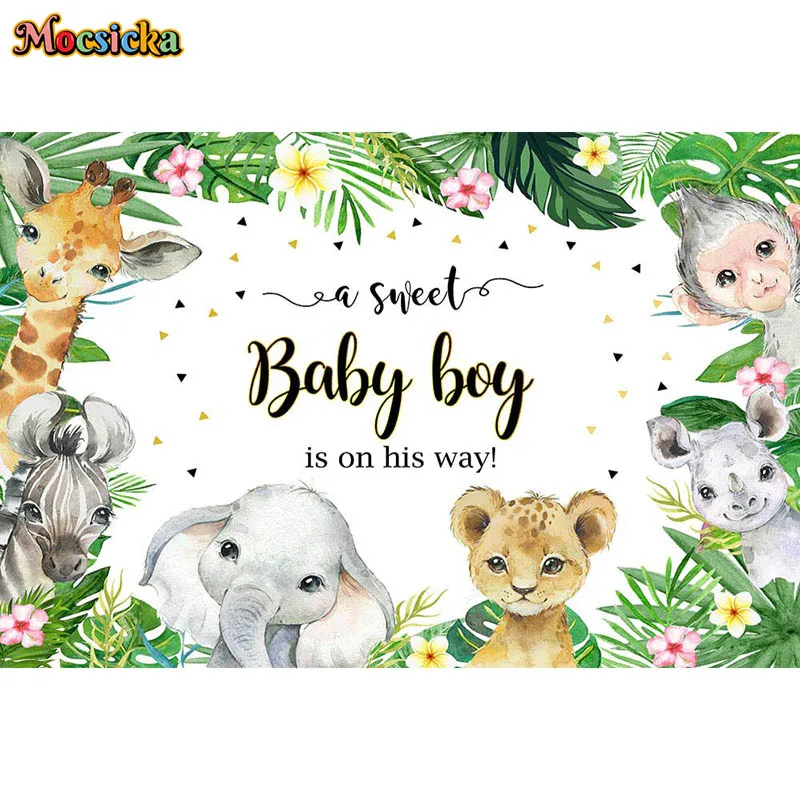 A Sweet Baby Boy Is On His Way Background Safari Theme Tropical Jungle Animal Props Kids Birthday Portrait Backdrop Photo Studio