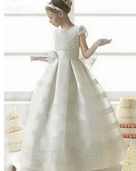 Communion Dress Made with Satin Fabric  with Vintage-like Laces Bow and Covered Buttons for Closure